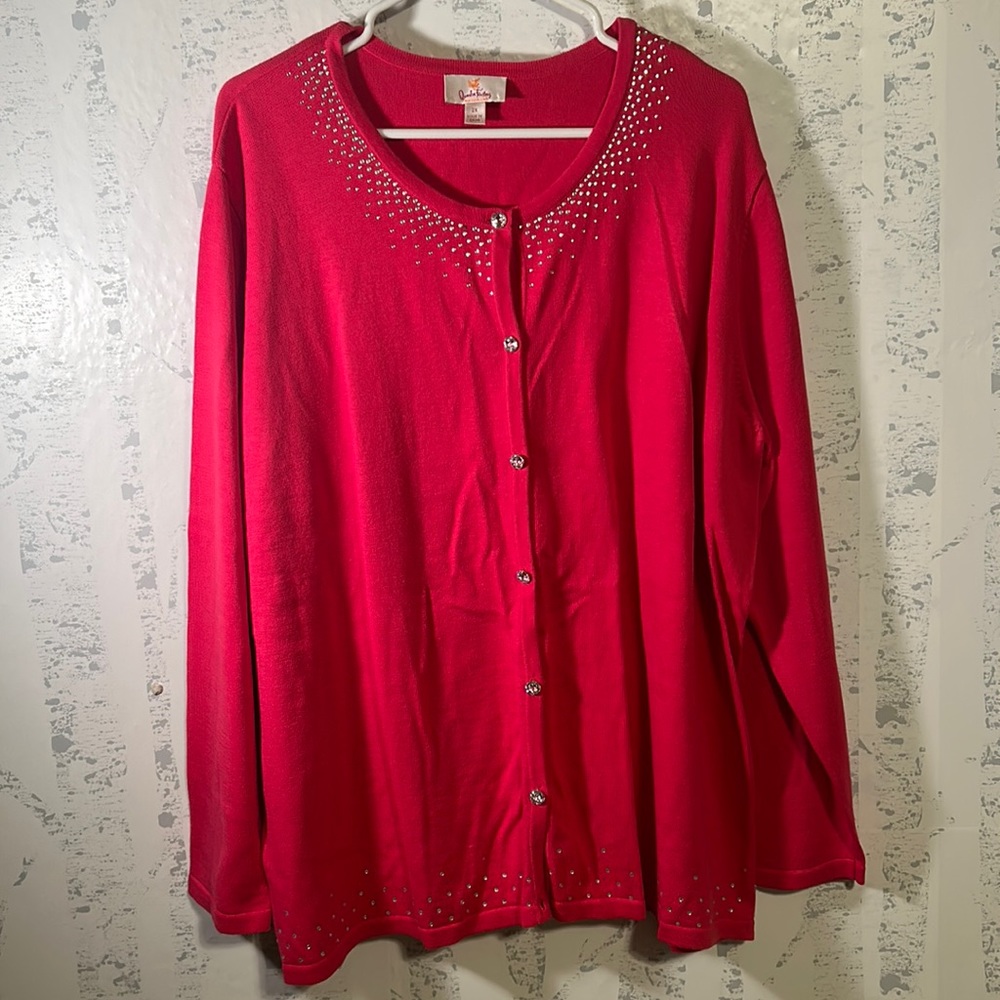 Quacker Factory Cardigan Sweater Plus Size 2X Pink Rhinestone Buttons